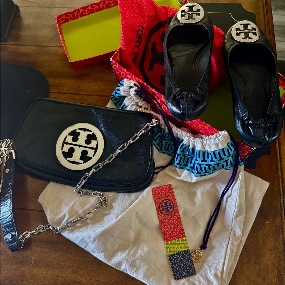 Tory Burch Black Leather Bag and Flats with Silver Accents (Set) for $350
